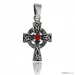 Sterling Silver Small Trinity Celtic Cross Pendant w/ Single Red CZ, w/ 18" Thin Box Chain