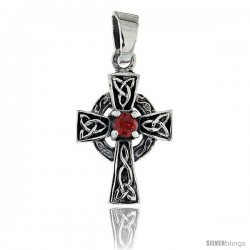 Sterling Silver Small Trinity Celtic Cross Pendant w/ Single Red CZ, w/ 18" Thin Box Chain