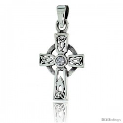 Sterling Silver Small Trinity Celtic Cross Pendant w/ Single Clear CZ, w/ 18" Thin Box Chain -Style Pcz1036