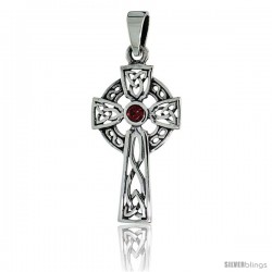 Sterling Silver Trinity Celtic Cross Pendant w/ Single Red CZ, w/ 18" Thin Box Chain -Style Pcz1037