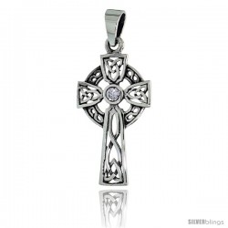 Sterling Silver Trinity Celtic Cross Pendant w/ Single Clear CZ, w/ 18" Thin Box Chain -Style Pcz1038