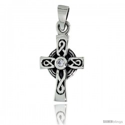 Sterling Silver Infinity Loop Celtic Cross Pendant w/ Single Clear CZ, w/ 18" Thin Box Chain