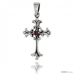 Sterling Silver Cross Fleury Pendant w/ Single Red CZ, w/ 18" Thin Box Chain