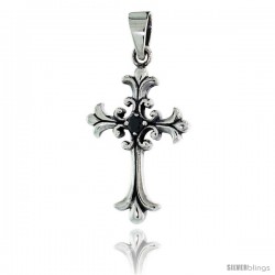 Sterling Silver Cross Fleury Pendant w/ Single Black CZ, w/ 18" Thin Box Chain