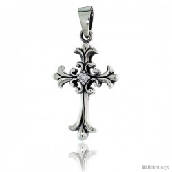 Sterling Silver Cross Fleury Pendant w/ Single Clear CZ, w/ 18" Thin Box Chain