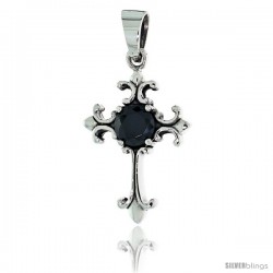 Sterling Silver Cross Fleury Pendant w/ Large Black CZ, w/ 18" Thin Box Chain