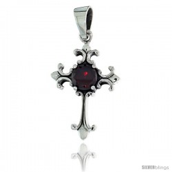 Sterling Silver Cross Fleury Pendant w/ Large Red CZ, w/ 18" Thin Box Chain