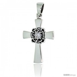 Sterling Silver Celtic Center Cross Pendant w/ Single Clear CZ, w/ 18" Thin Box Chain