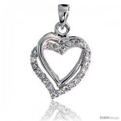 Sterling Silver Double Heart Pendant w/ Pave CZ Stones, 13/16" (21 mm) tall