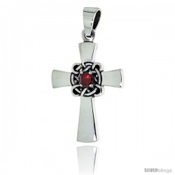 Sterling Silver Celtic Center Cross Pendant w/ Single Red CZ, w/ 18" Thin Box Chain