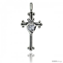 Sterling Silver Heart & Crown on Cross Fleury Pendant w/ Clear CZ, w/ 18" Thin Box Chain