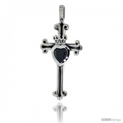 Sterling Silver Heart & Crown on Cross Fleury Pendant w/ Black CZ, w/ 18" Thin Box Chain