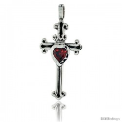 Sterling Silver Heart & Crown on Cross Fleury Pendant w/ Clear CZ, w/ 18" Thin Box Chain -Style Pcz1054