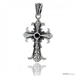 Sterling Silver Celtic Swirls on Cross Fleury Pendant w/ Single Black CZ, w/ 18" Thin Box Chain