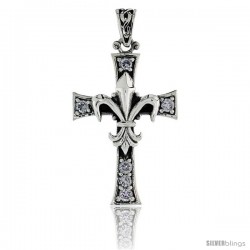 Sterling Silver Fleur de Lys on Cross Pendant w/ Clear CZ Stones, w/ 18" Thin Box Chain