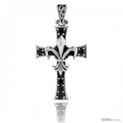 Sterling Silver Fleur de Lys on Cross Pendant w/ Black CZ Stones, w/ 18" Thin Box Chain