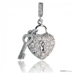 Sterling Silver Heart Shape Lock & Key Pendant w/ Pave CZ Stones, 1 3/16" (30 mm) tall