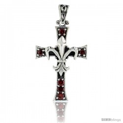 Sterling Silver Fleur de Lys on Cross Pendant w/ Red CZ Stones, w/ 18" Thin Box Chain