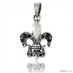 Sterling Silver Fleur de Lys Pendant w/ Black CZ Stones, w/ 18" Thin Box Chain