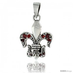 Sterling Silver Fleur de Lys Pendant w/ Red CZ Stones, w/ 18" Thin Box Chain