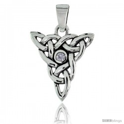 Sterling Silver Triquetra Knot Celtic Pendant w/ Single Clear CZ, w/ 18" Thin Box Chain