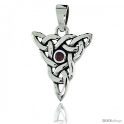 Sterling Silver Triquetra Knot Celtic Pendant w/ Single Red CZ, w/ 18" Thin Box Chain