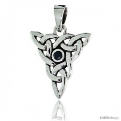 Sterling Silver Triquetra Knot Celtic Pendant w/ Single Black CZ, w/ 18" Thin Box Chain