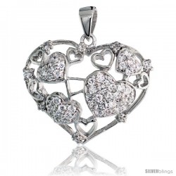 Sterling Silver Hearts Pendant w/ Pave CZ Stones, 7/8" (23 mm) tall