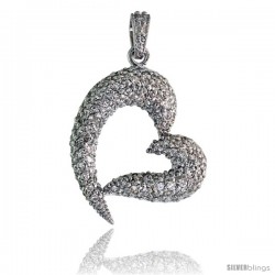 Sterling Silver Fancy Heart Pendant w/ Pave CZ Stones, 1 7/16" (36 mm) tall