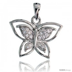 Sterling Silver Butterfly Pendant w/ Pave CZ Stones, 11/16" (17 mm) tall