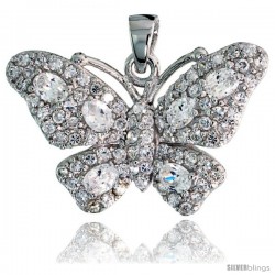 Sterling Silver Butterfly Pendant w/ Pave CZ Stones, 3/4" (19 mm) tall