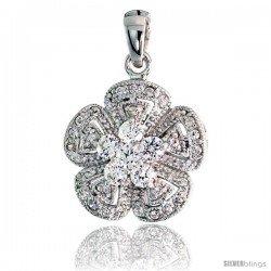 Sterling Silver Flower Pendant w/ Pave CZ Stones, 13/16" (21 mm) tall