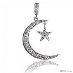 Sterling Silver Crescent Moon & Star Pendant w/ Pave CZ Stones, 1 7/16" (37mm) tall