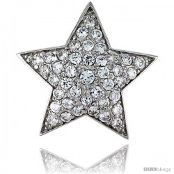 Sterling Silver Solid Star Pendant, w/ Brilliant Cut CZ Stones, 15/16" (24 mm) tall, w/ 18" Thin Snake Chain