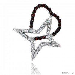 Sterling Silver Freeform "Heart & Star Cut Outs" Pendant, w/ Brilliant Cut Clear & Ruby-colored CZ Stones, 1 1/4" (31 mm) tall