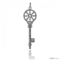 Sterling Silver Jeweled 8-Petal Flower Key Pendant w/ CZ Stones, 2 1/16" (52 mm) tall