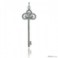 Sterling Silver Jeweled Fleur de Lys Key Pendant w/ CZ Stones, 2 1/16" (53 mm) tall