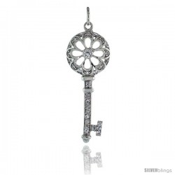 Sterling Silver Jeweled Flower Cut Out Key Pendant w/ CZ Stones, 1 11/16" (43 mm) tall