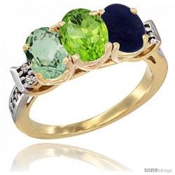 10K Yellow Gold Natural Green Amethyst, Peridot & Lapis Ring 3-Stone Oval 7x5 mm Diamond Accent