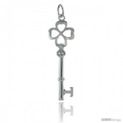 Sterling Silver Jeweled Shamrock Key Pendant w/ CZ Stones, 1 5/8" (42 mm) tall