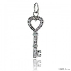 Sterling Silver Jeweled Key-To-My-Heart CZ Pendant, 1 1/8" (28 mm) tall