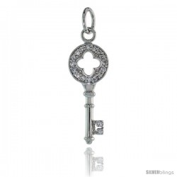 Sterling Silver Jeweled Clover Cut Out Key Pendant w/ CZ Stones, 1 1/8" (29 mm) tall