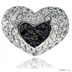 Sterling Silver Heart Pendant, w/ Brilliant Cut Clear & Black CZ Stones, 9/16" (14 mm) tall, w/ 18" Thin Snake Chain