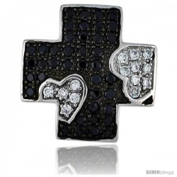 Sterling Silver Greek Cross Pendant w/ Heart Design, w/ Brilliant Cut Clear & Black CZ Stones, 1 1/16" (27 mm) tall, w/ 18"