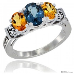 14K White Gold Natural London Blue Topaz & Citrine Ring 3-Stone Oval with Diamond Accent