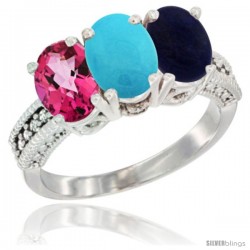 10K White Gold Natural Pink Topaz, Turquoise & Lapis Ring 3-Stone Oval 7x5 mm Diamond Accent