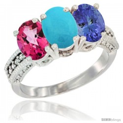 10K White Gold Natural Pink Topaz, Turquoise & Tanzanite Ring 3-Stone Oval 7x5 mm Diamond Accent