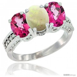 10K White Gold Natural Opal & Pink Topaz Sides Ring 3-Stone Oval 7x5 mm Diamond Accent