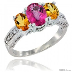 14k White Gold Ladies Oval Natural Pink Topaz 3-Stone Ring with Citrine Sides Diamond Accent