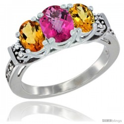 14K White Gold Natural Pink Topaz & Citrine Ring 3-Stone Oval with Diamond Accent